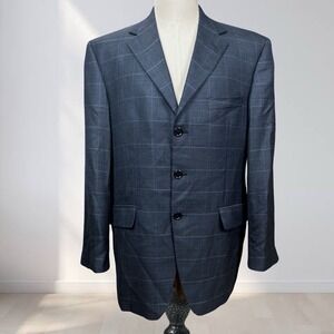 Maranzone Silk Wool Blazer Men 44R Blue Window Pane 3 Button Sport Coat